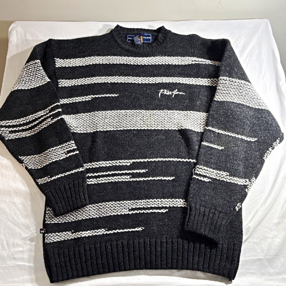 Phat Farm Mens Gray White Acrylic Wool Knit Striped Logo Sweater 2XL PSM23M12302